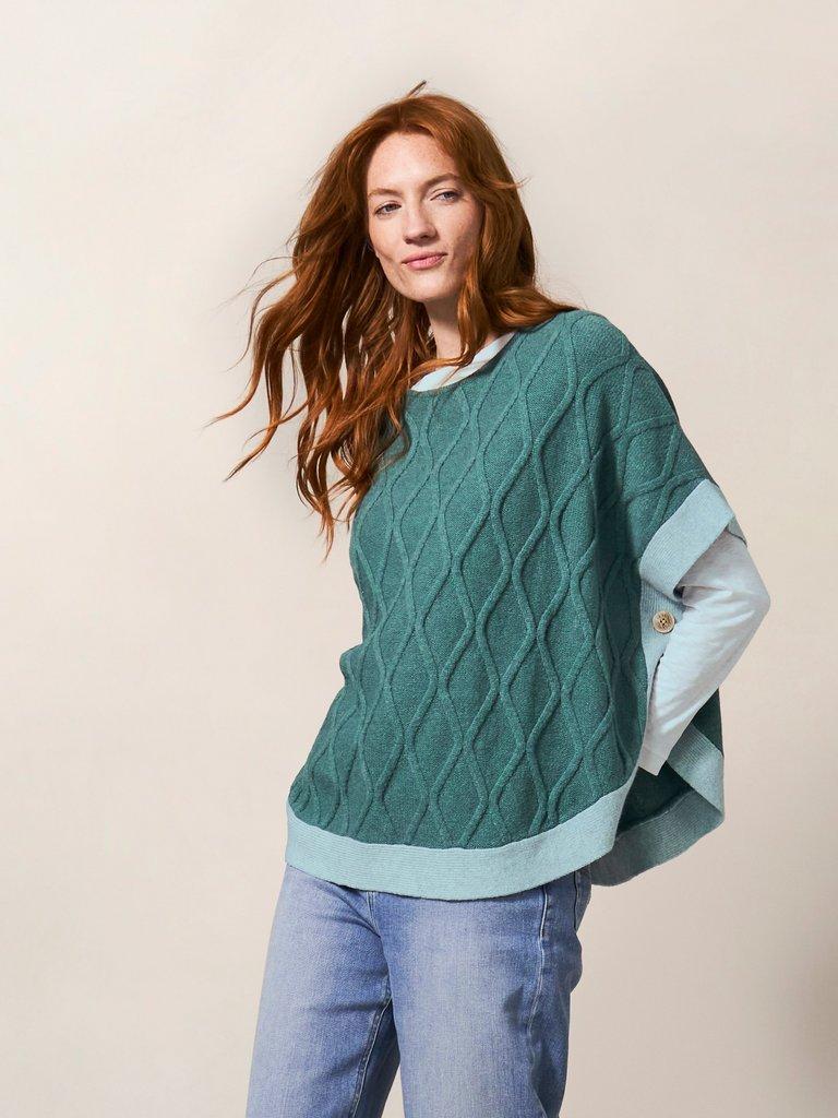 Fern Knitted Casual Poncho in MID TEAL - MODEL DETAIL