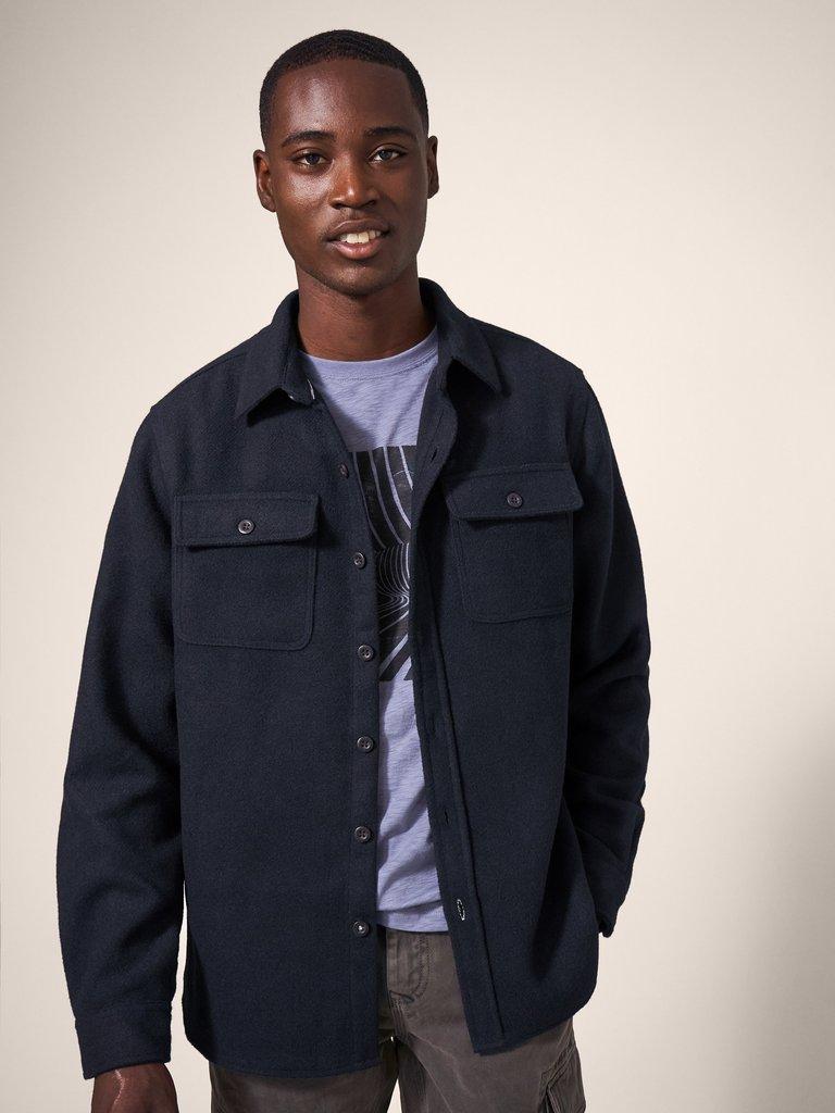 Darwen Plain Overshirt in DARK NAVY - MODEL FRONT