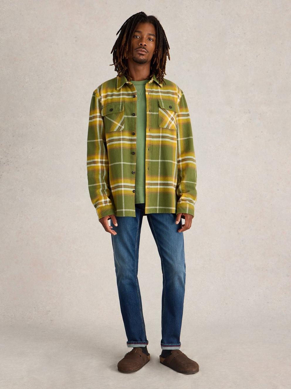 Darwen Check Woven Overshirt in GREEN MLT - MODEL FRONT