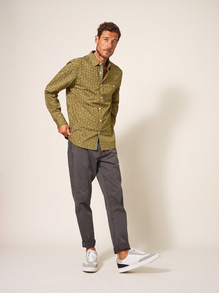 Scattered Flower Printed Shirt in MID GREEN - MODEL FRONT