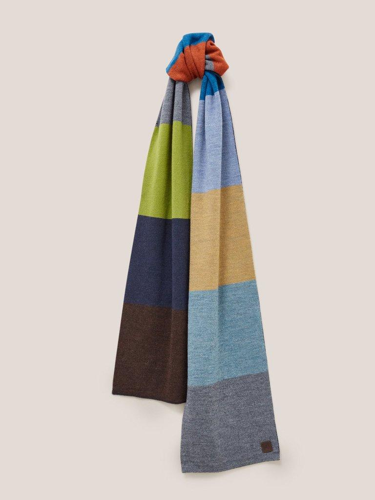 Raphael Stripe Merino Scarf in NAVY MULTI - MODEL FRONT