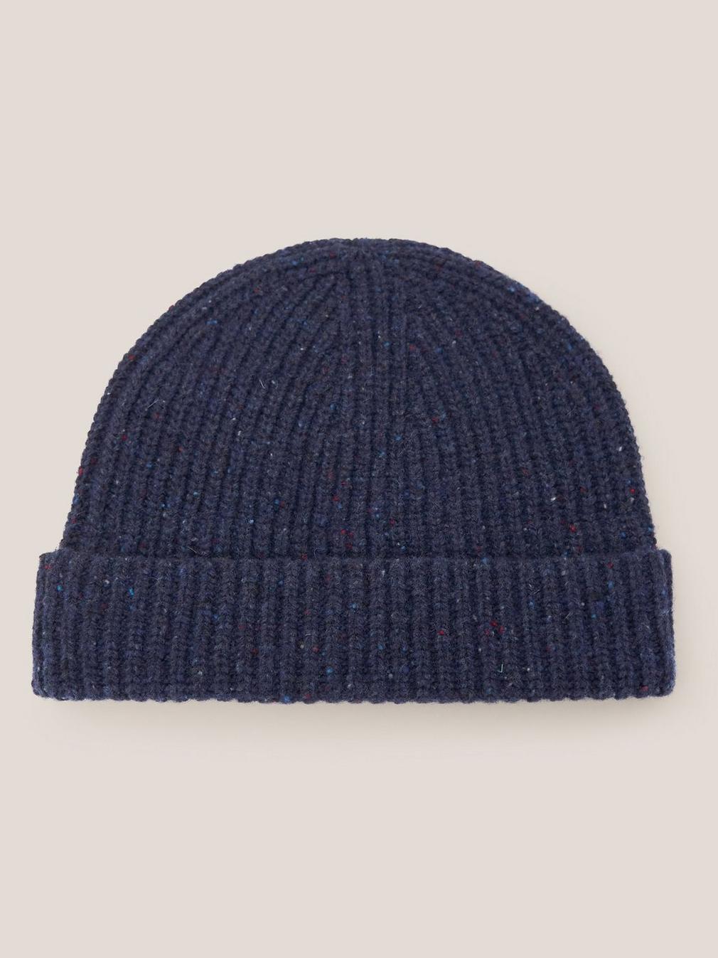 Wool Ribbed Beanie in DARK NAVY - FLAT BACK