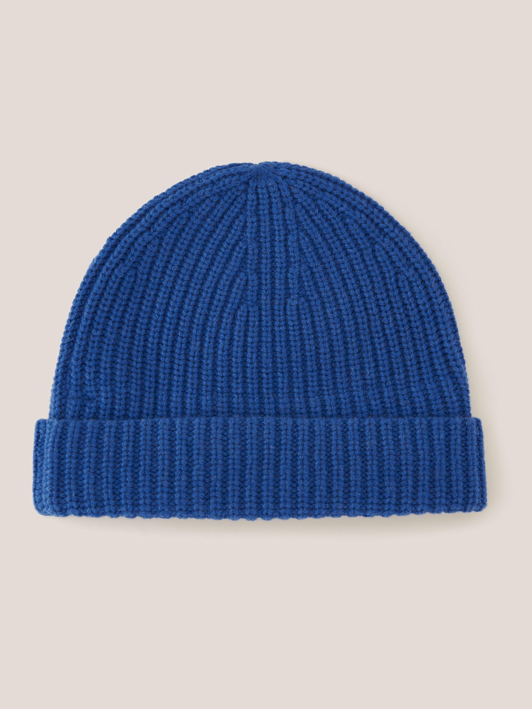 Wool Ribbed Beanie in MID BLUE - FLAT BACK