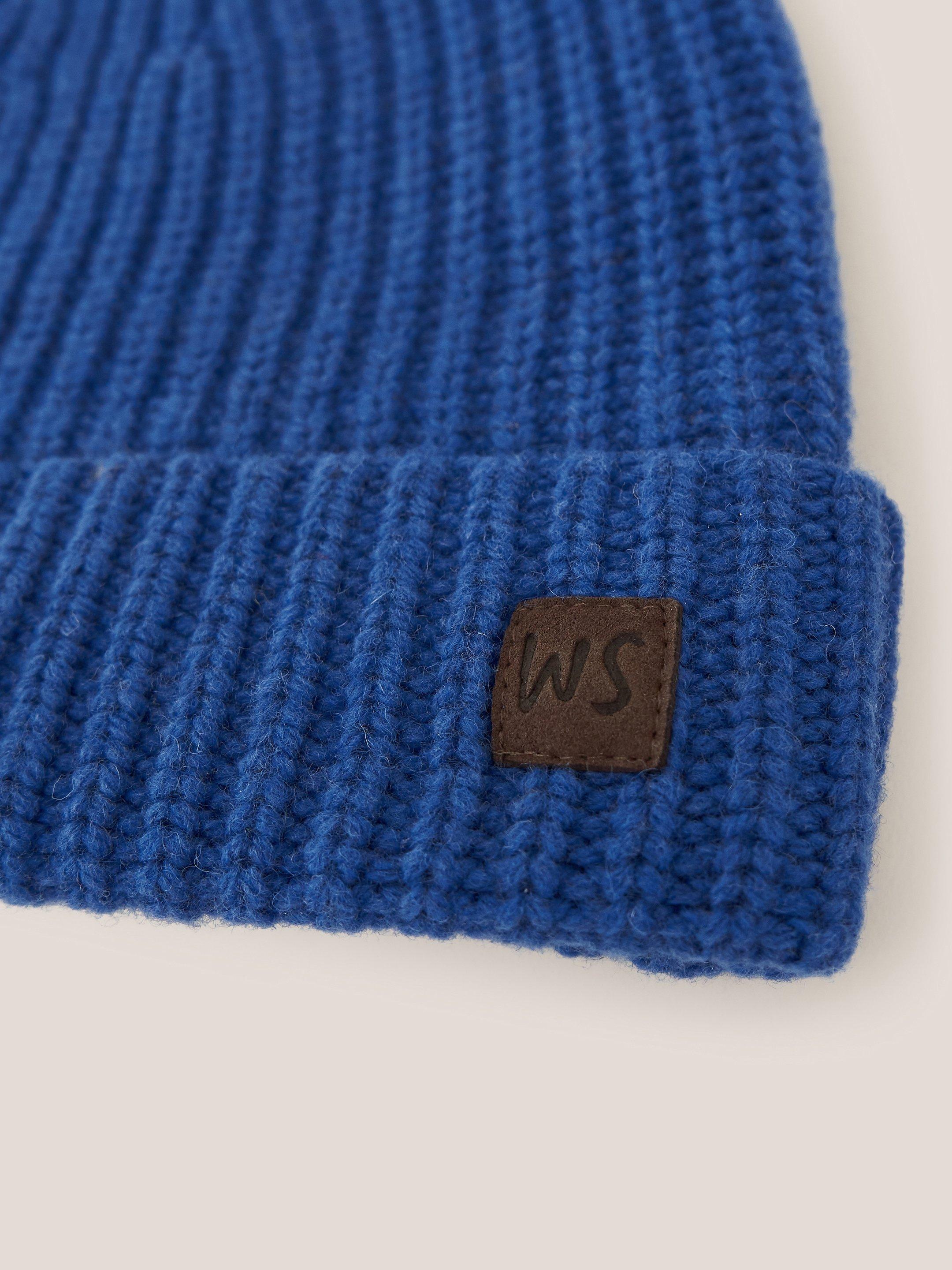 Wool Ribbed Beanie in MID BLUE - FLAT DETAIL