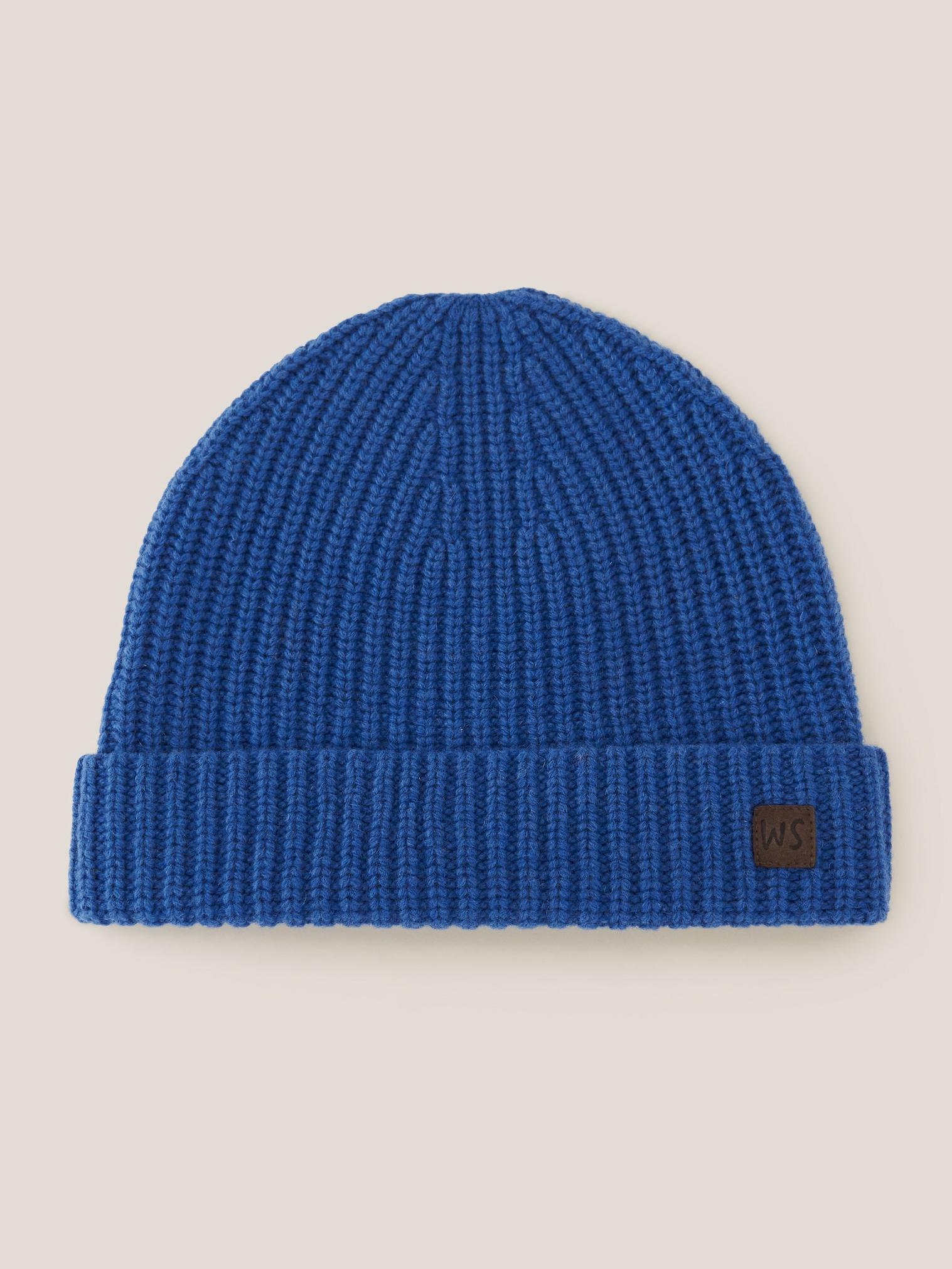 Wool Ribbed Beanie in MID BLUE - FLAT FRONT