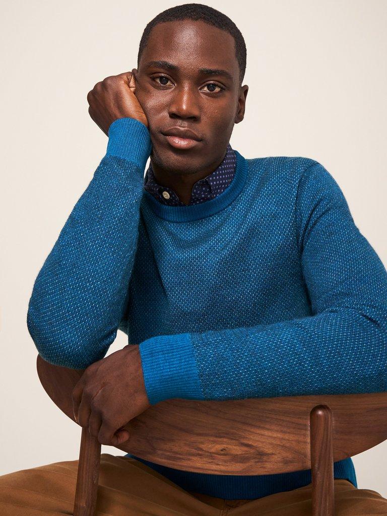 Newport Merino Wool Jumper in MID TEAL - MODEL FRONT