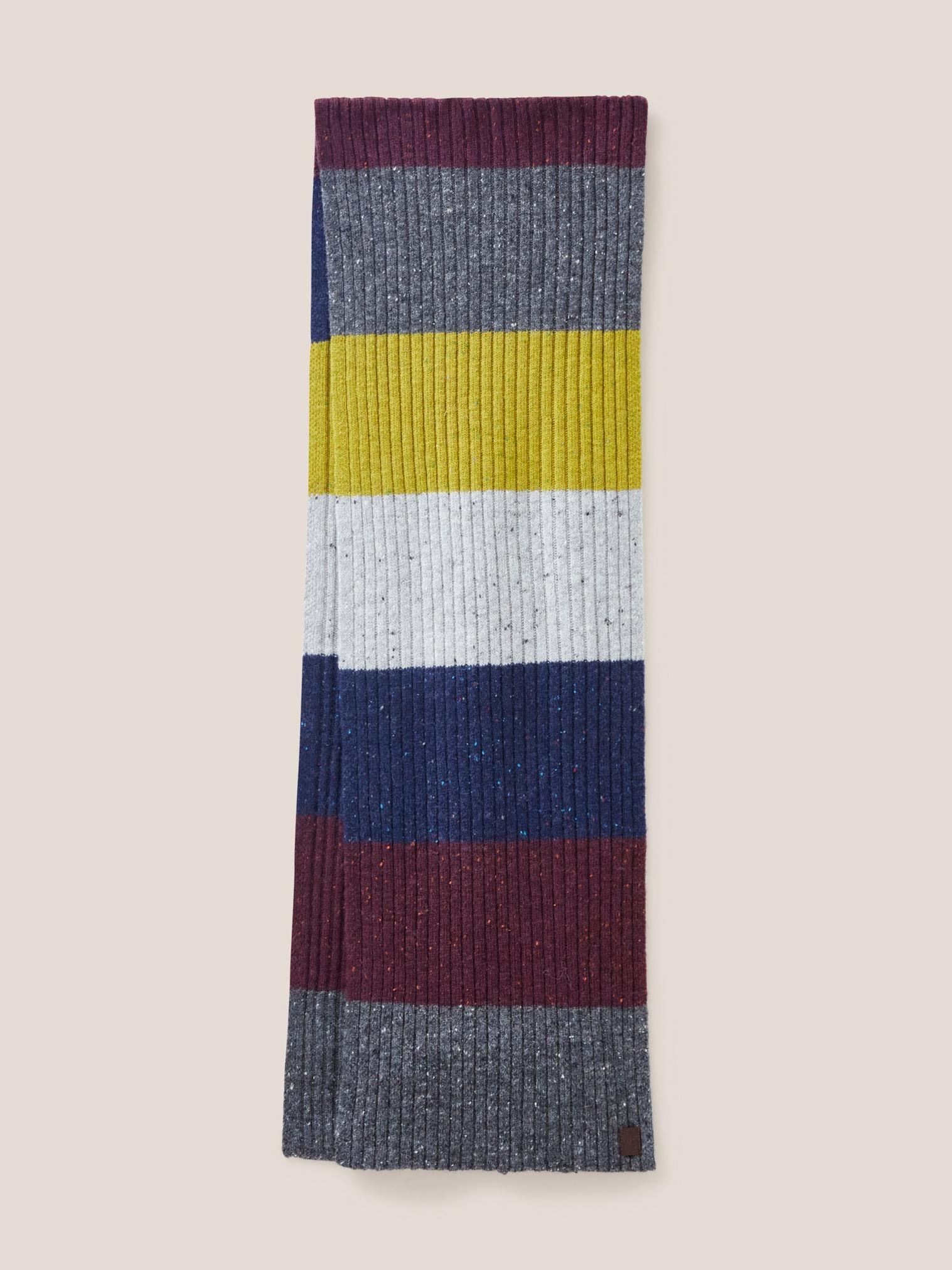 Stripe Wool Ribbed Scarf in GREY MLT - MODEL FRONT