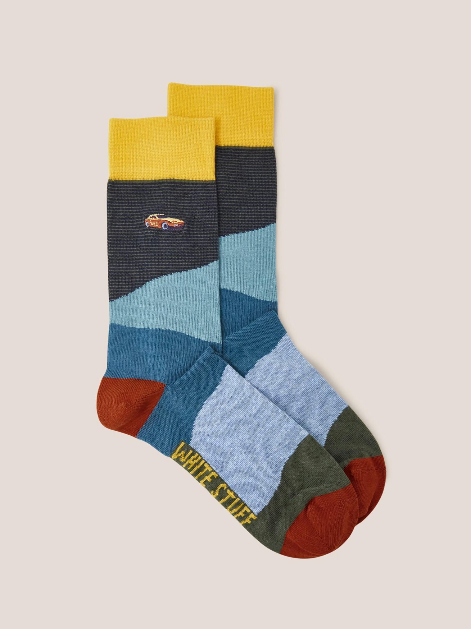 Car Embroidered Ankle Sock in TEAL MLT - FLAT FRONT