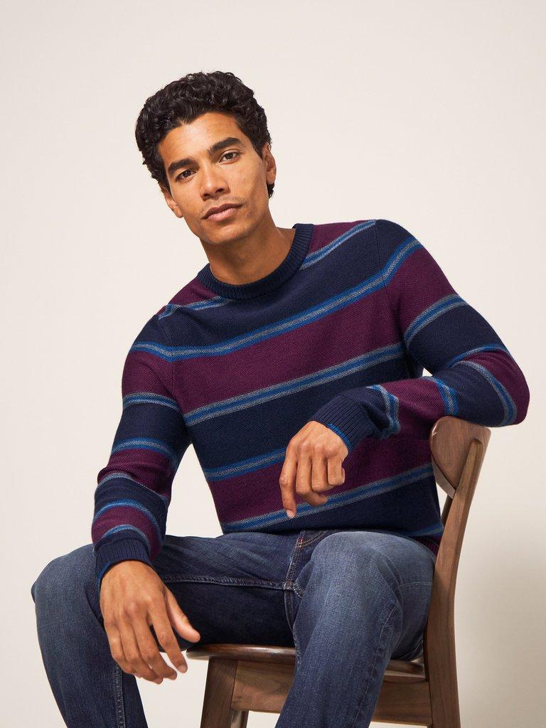 Newport Merino Stripe Crew in NAVY MULTI - LIFESTYLE