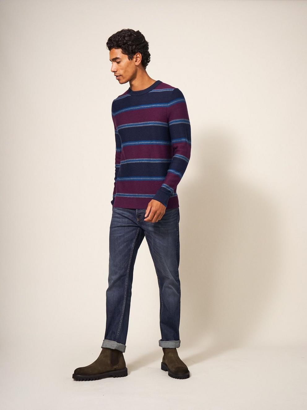 Newport Merino Stripe Crew in NAVY MULTI - MODEL DETAIL