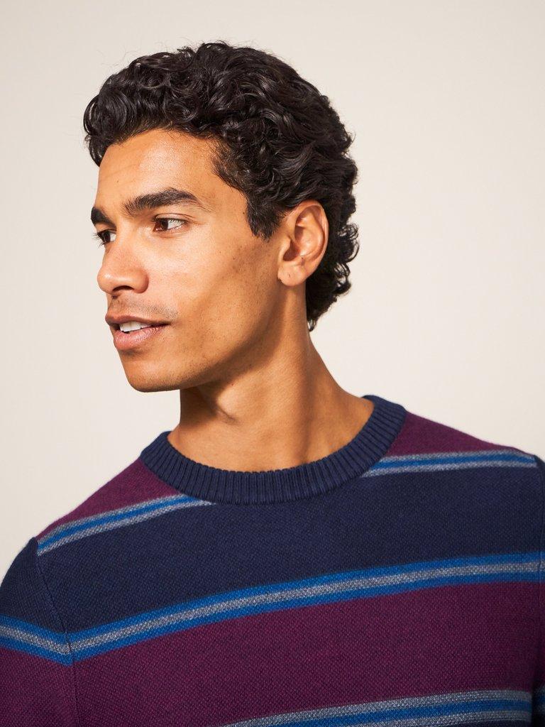 Newport Merino Stripe Crew in NAVY MULTI - MODEL FRONT