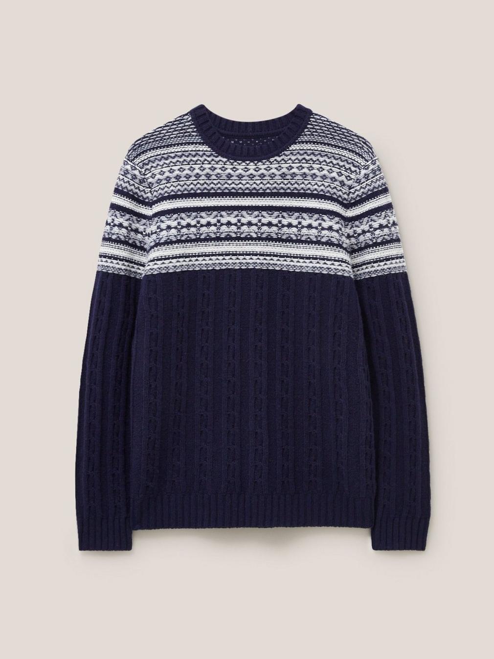 Cable Fairisle Crew in DARK NAVY - FLAT FRONT