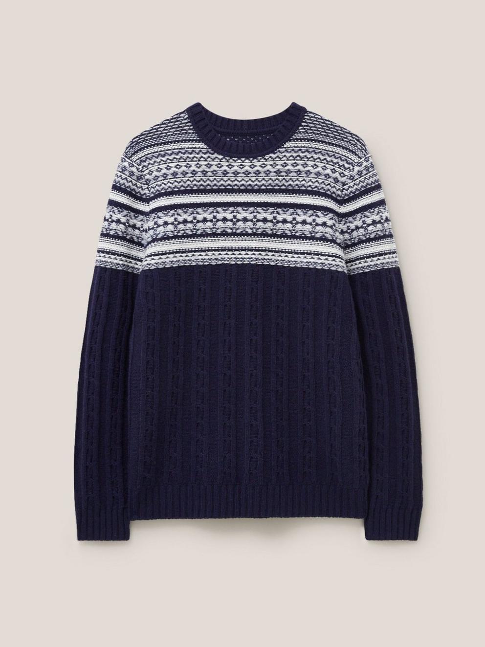 Cable Fairisle Crew in DARK NAVY - FLAT FRONT