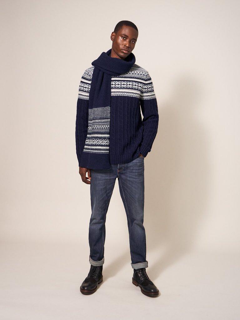 Cable Fairisle Crew in DARK NAVY - MODEL FRONT