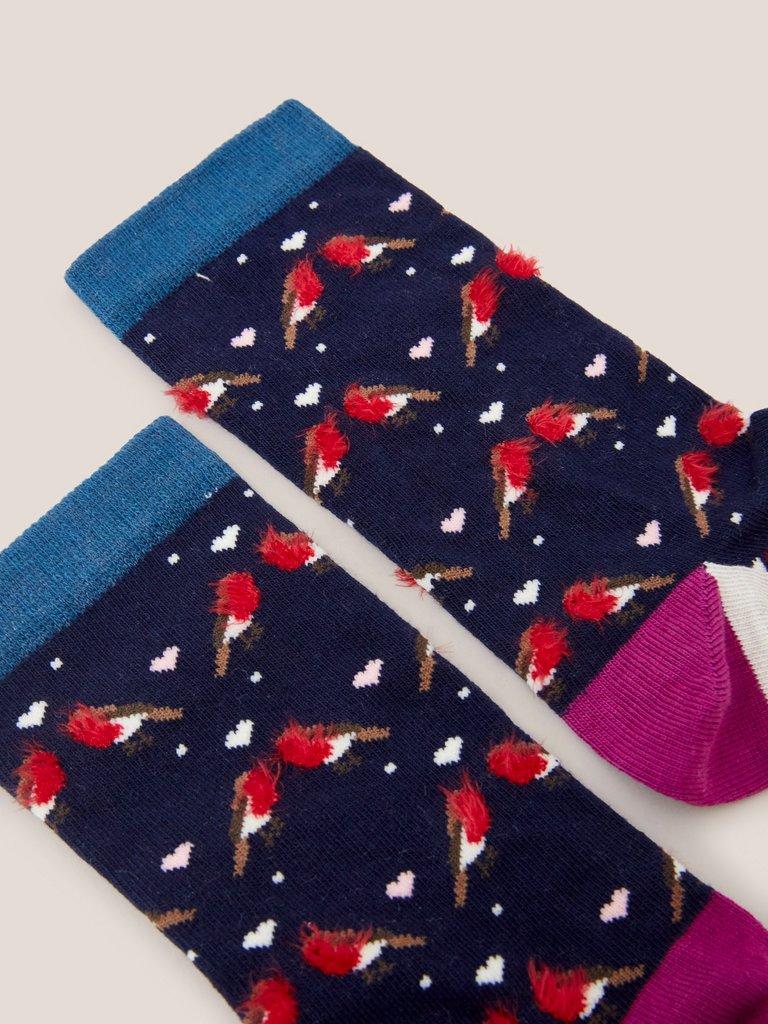 Fluffy Robin Ankle Socks in NAVY MULTI - FLAT DETAIL