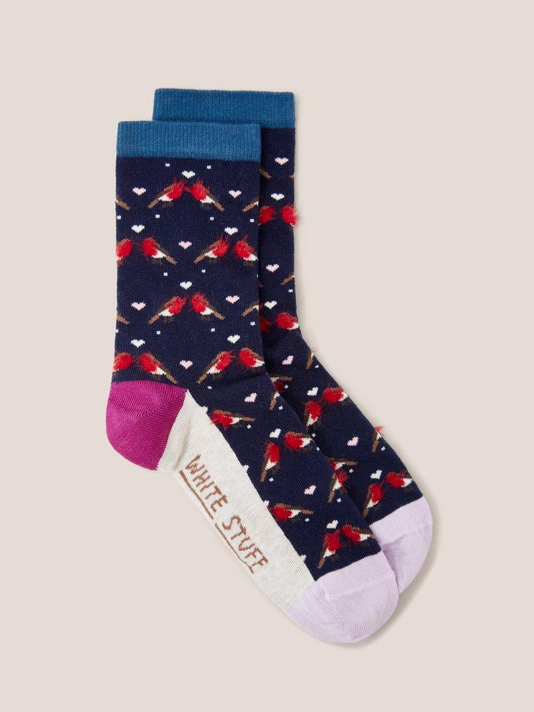 Fluffy Robin Ankle Sock in NAVY MULTI - FLAT FRONT