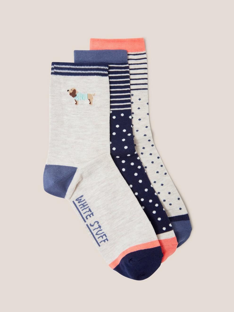 3 Pack Dog Spot Ankle Socks in NAT MLT - FLAT FRONT