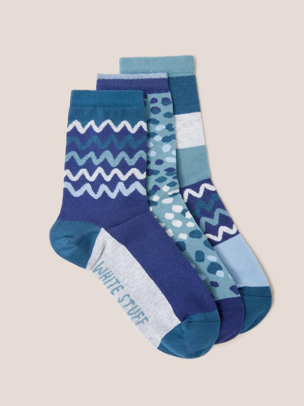 3 Pack Squiggle Ankle Socks in TEAL MLT - FLAT FRONT