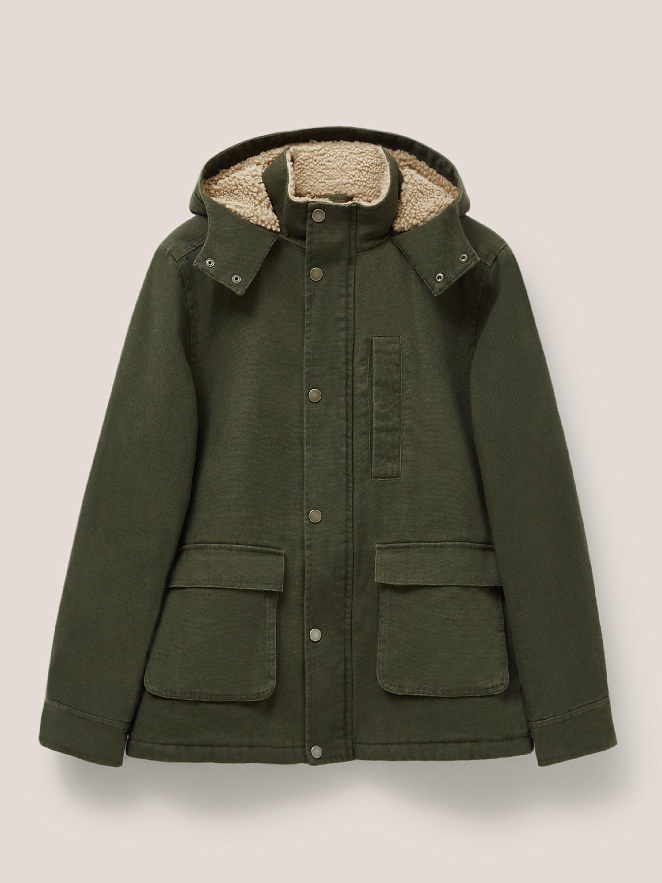 Borg Lined Winter Jacket in KHAKI GRN - FLAT FRONT