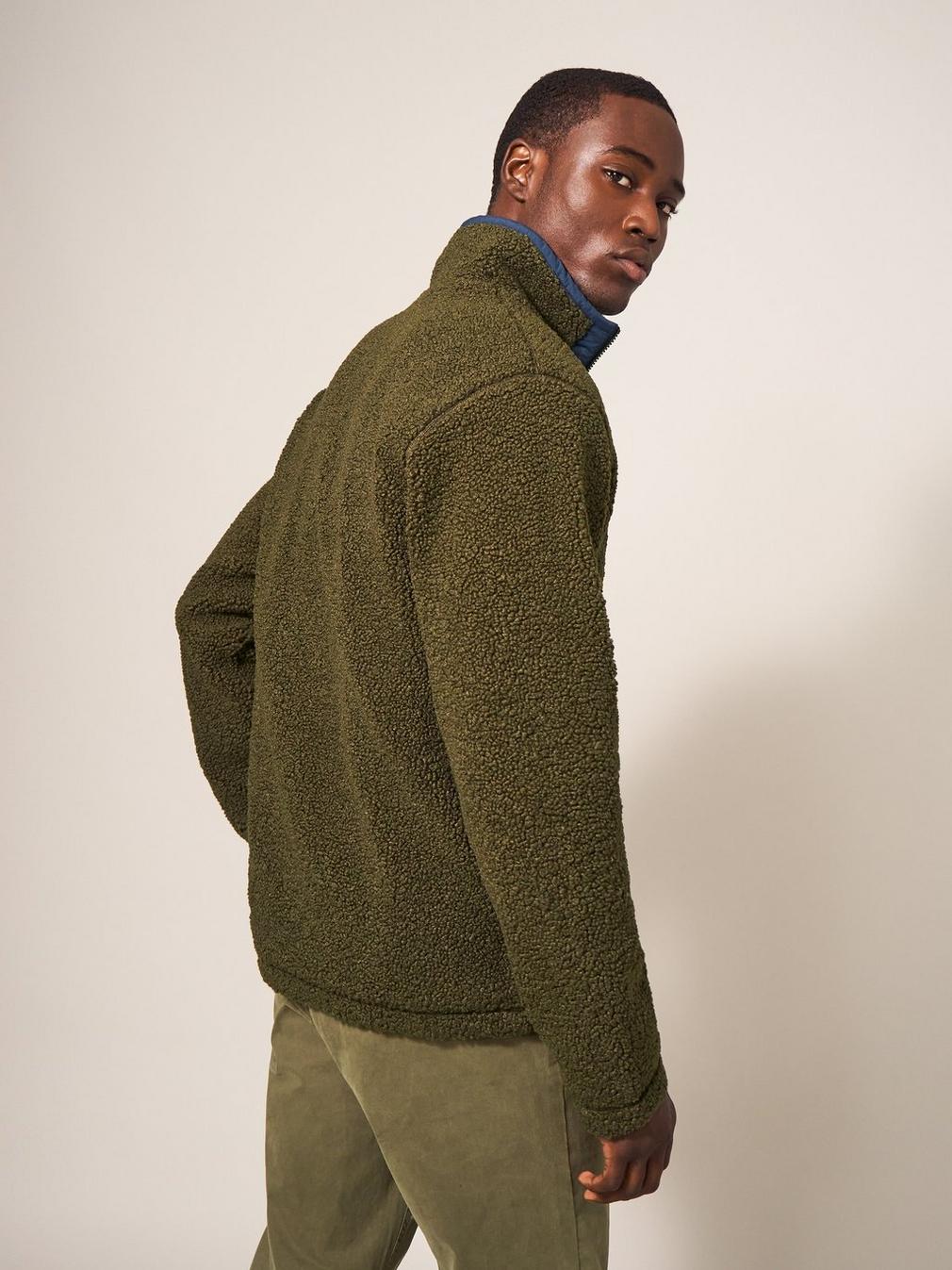 Borg Fleece Zip Through Jacket in KHAKI GRN - MODEL BACK