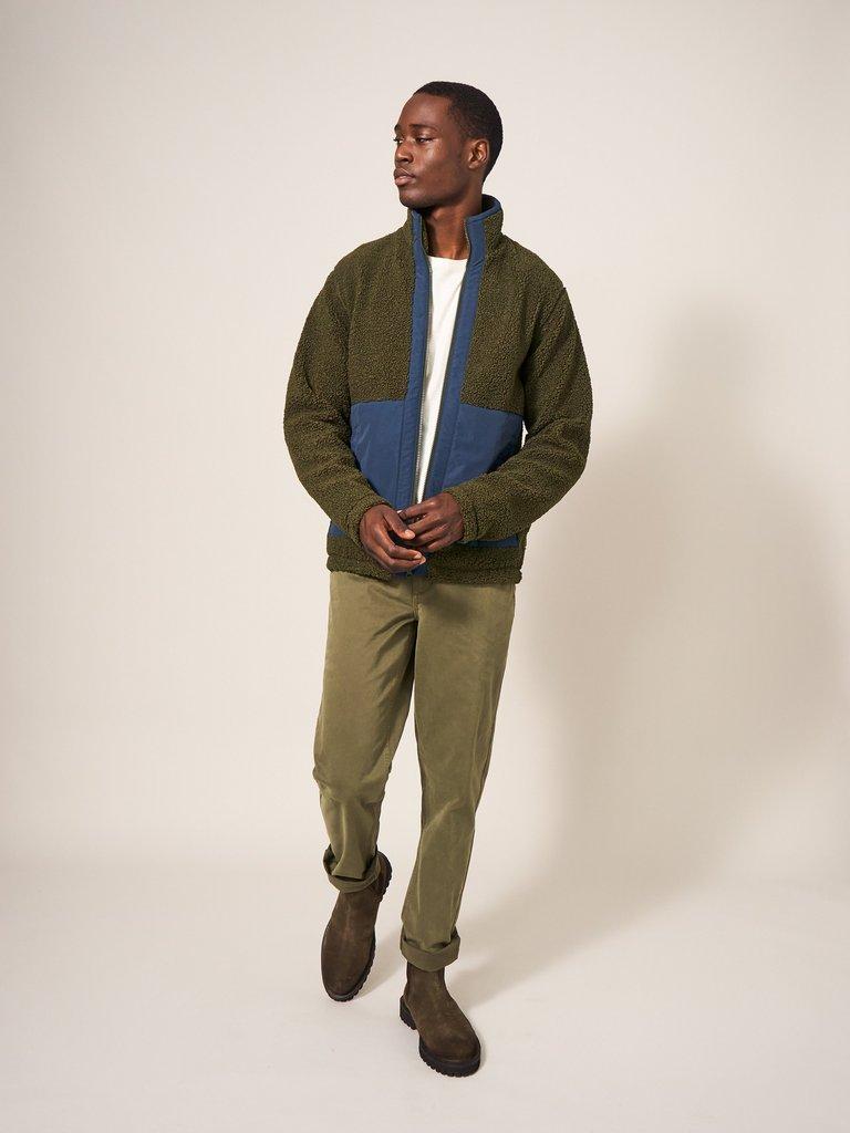 Borg Fleece Zip Through Jacket in KHAKI GRN - MODEL DETAIL