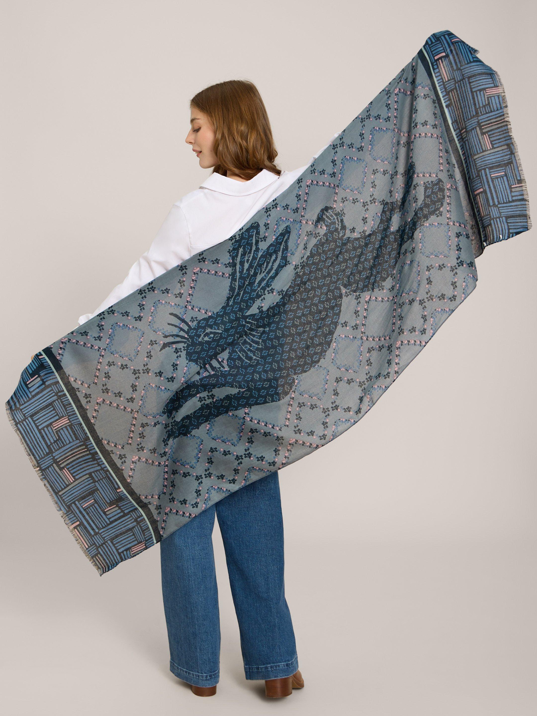 Hare Print Scarf in NAVY MULTI - MODEL FRONT