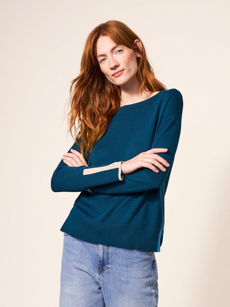 Olive Knitted Jumper in DK TEAL - LIFESTYLE