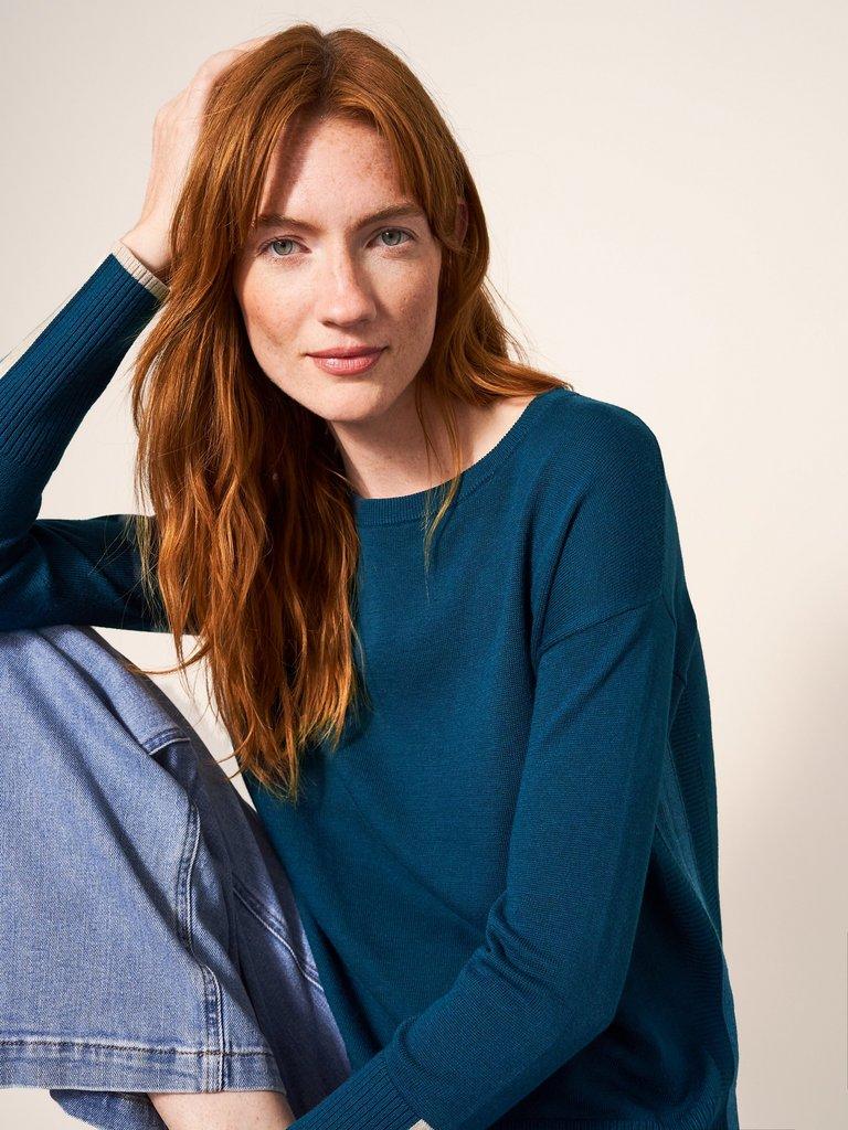 Olive Knitted Jumper in DK TEAL - MODEL DETAIL