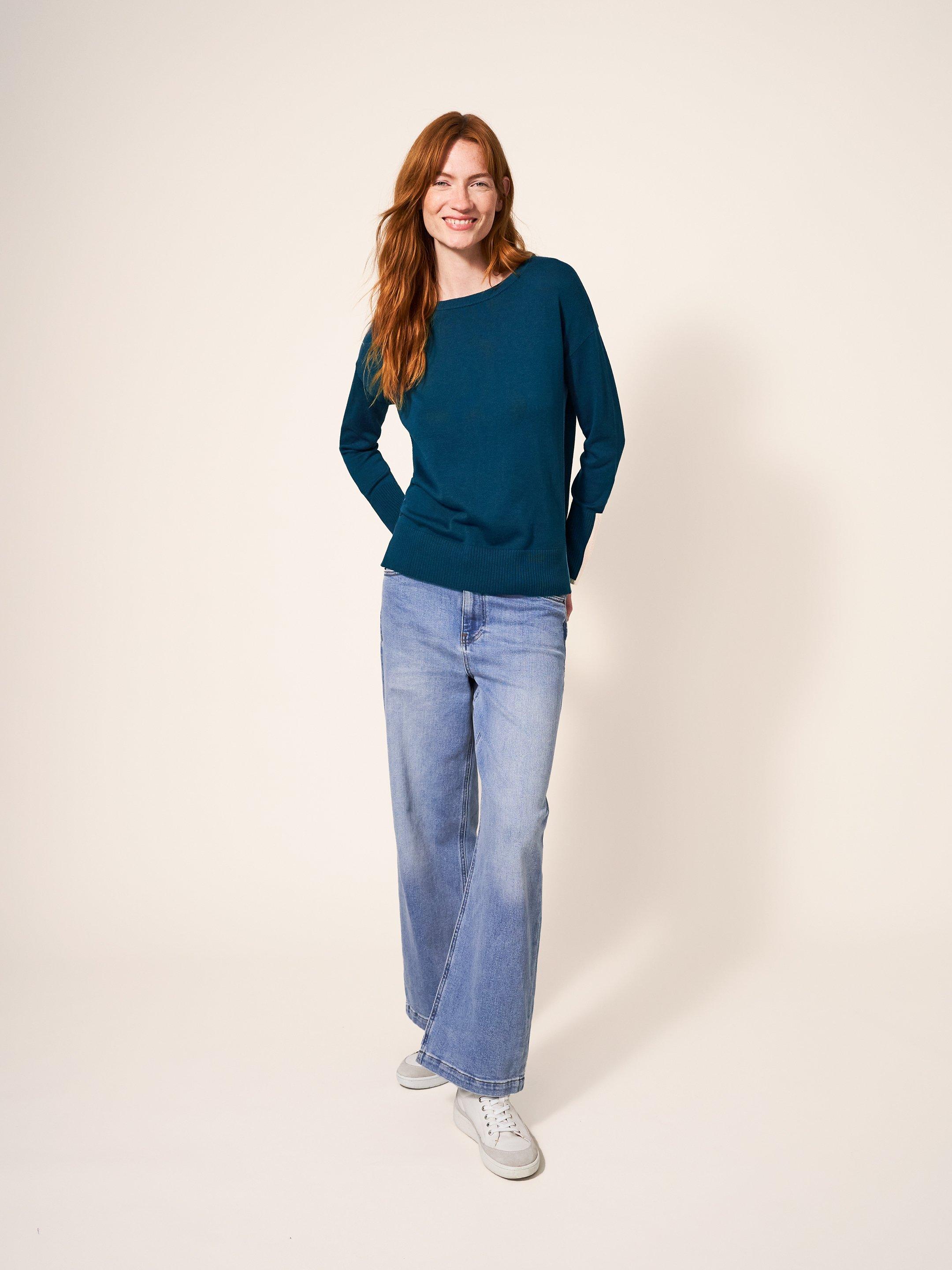 Olive Knitted Jumper in DK TEAL - MODEL FRONT