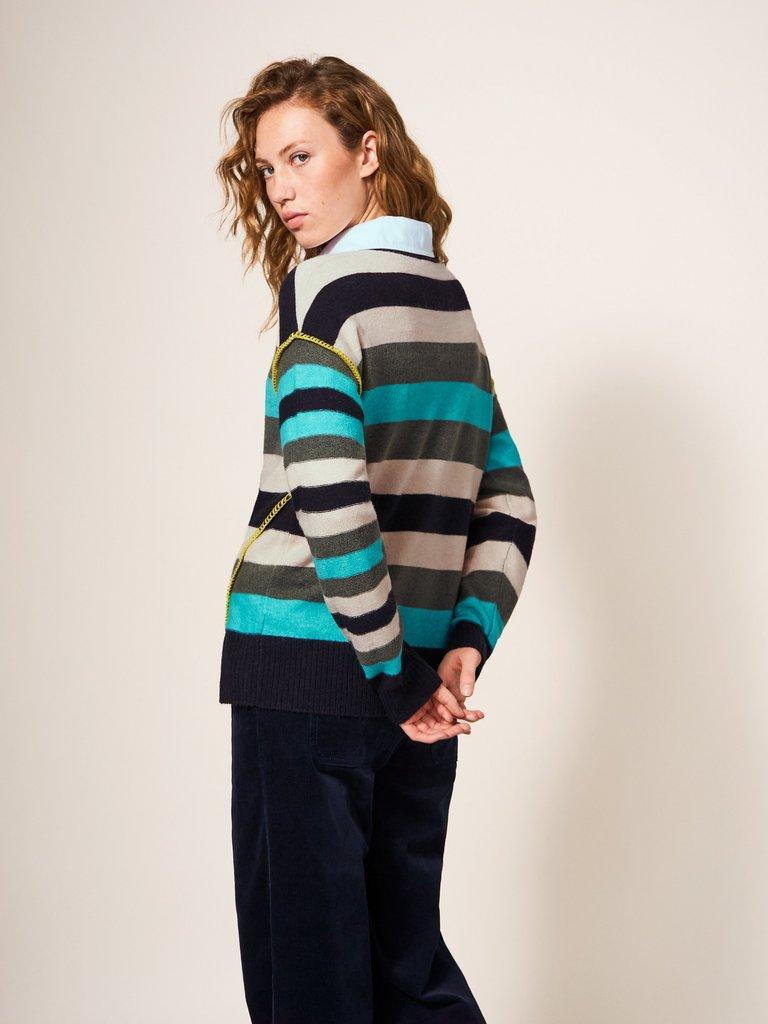 RIPPLE KNITTED CREW NECK JUMPER in BLUE MLT - MODEL BACK