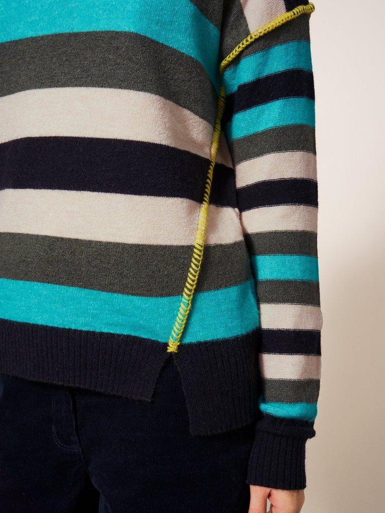 RIPPLE KNITTED CREW NECK JUMPER in BLUE MLT - MODEL DETAIL