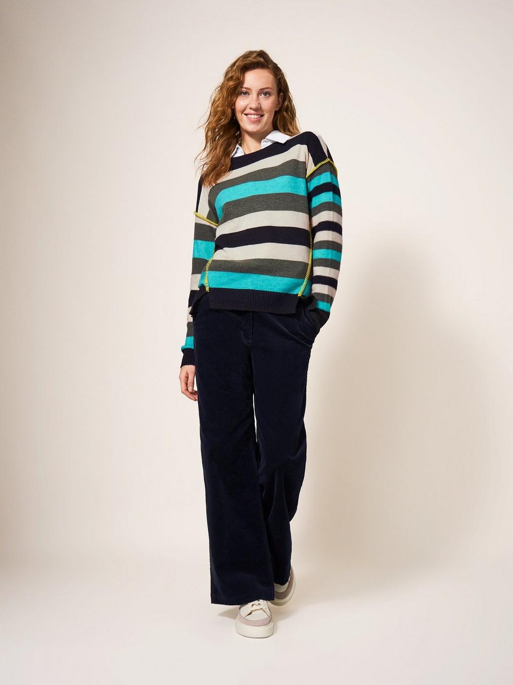 RIPPLE KNITTED CREW NECK JUMPER in BLUE MLT - MODEL FRONT