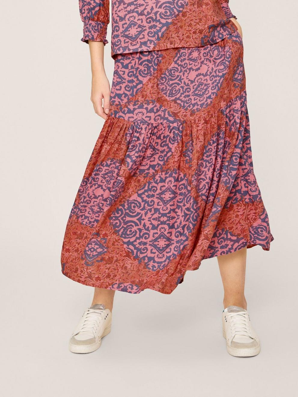 Jamima Eco Vero Midi Skirt in RED MLT - MODEL FRONT