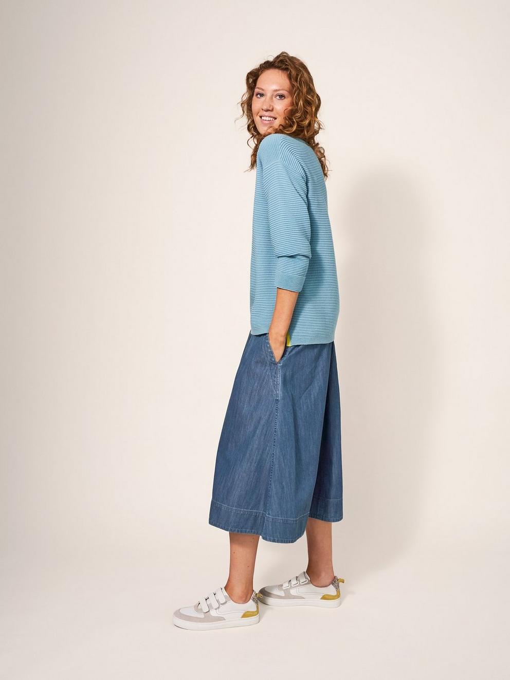 Charlotte Denim Midi Skirt in MID DENIM - MODEL FRONT