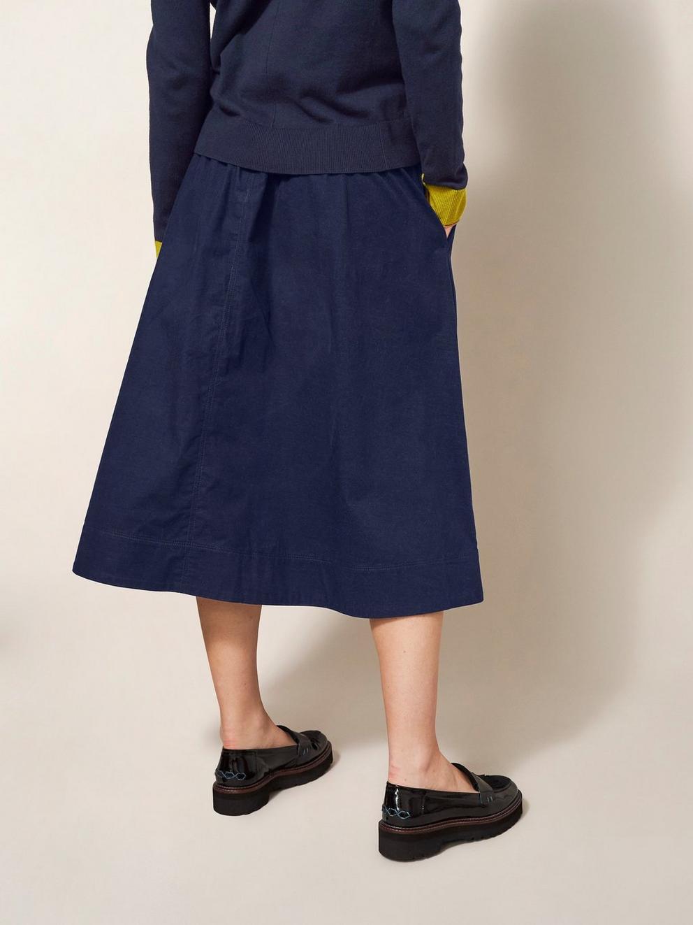 Charlotte Cord Midi Skirt in DARK NAVY - MODEL BACK