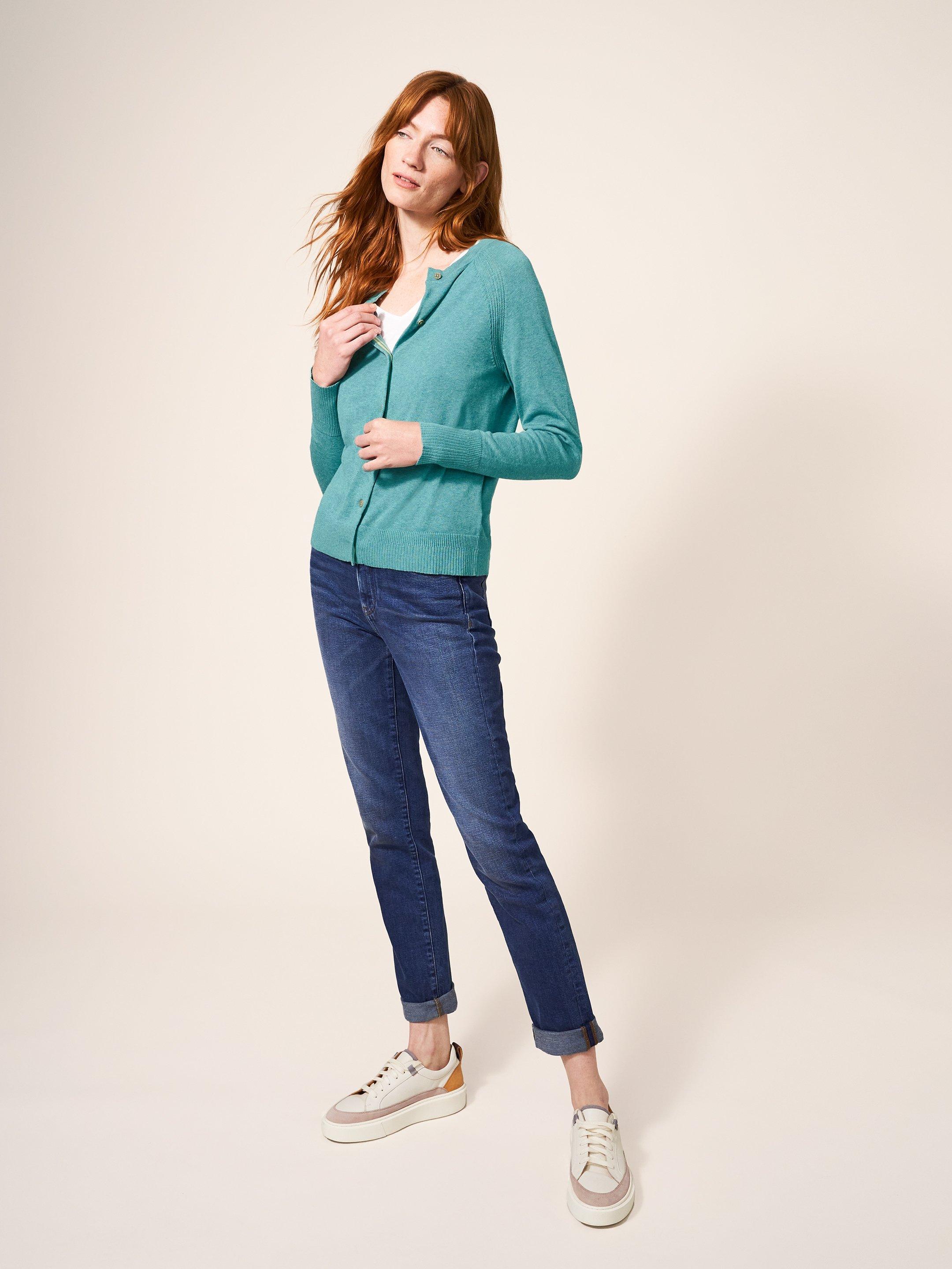 Lulu Knit Cardigan in MID TEAL - MODEL FRONT