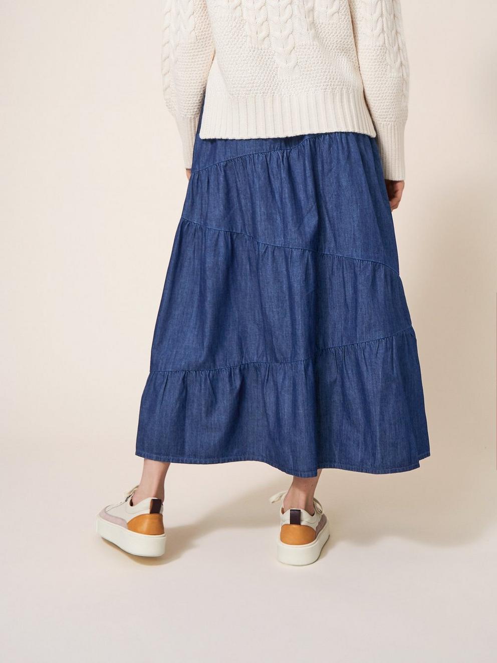 Jenna Tiered Denim Skirt in DK DENIM - MODEL BACK