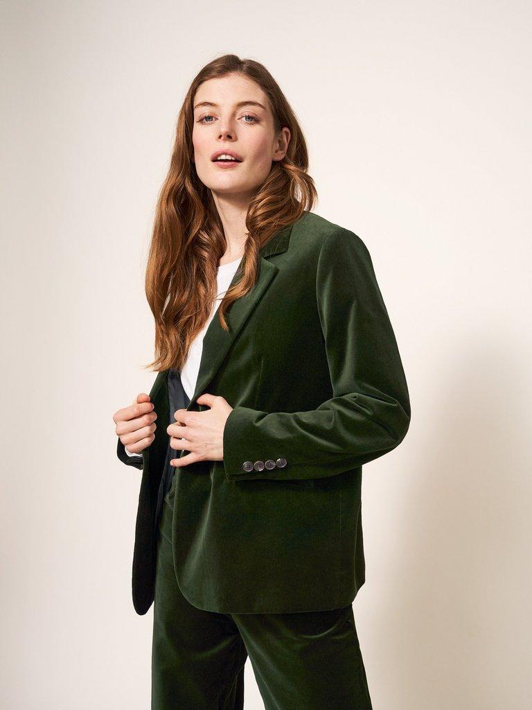 Evelyn Velvet Blazer  in DK GREEN - MODEL FRONT