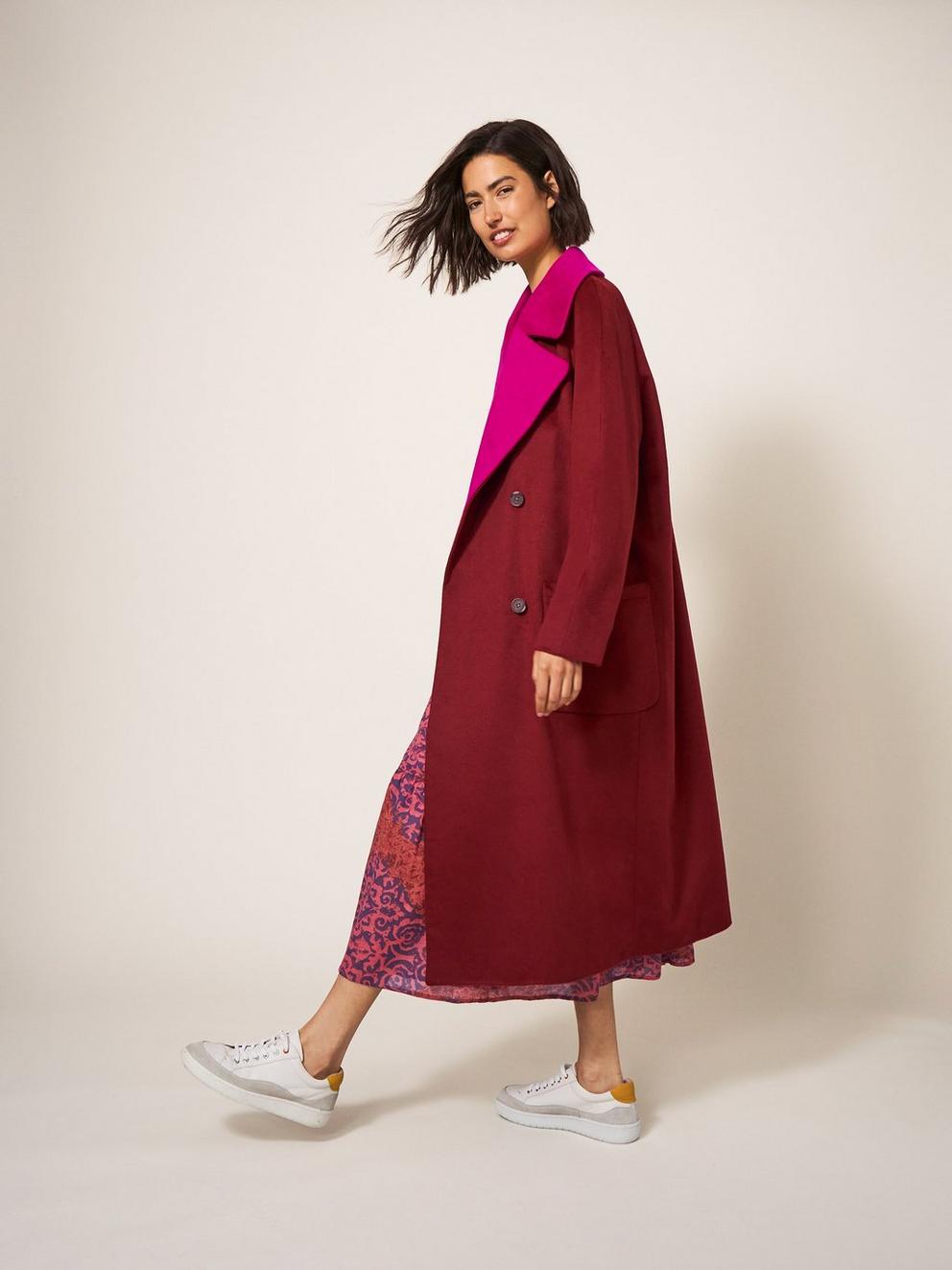 Adeline Colour Block Coat in PLUM MLT - MODEL DETAIL