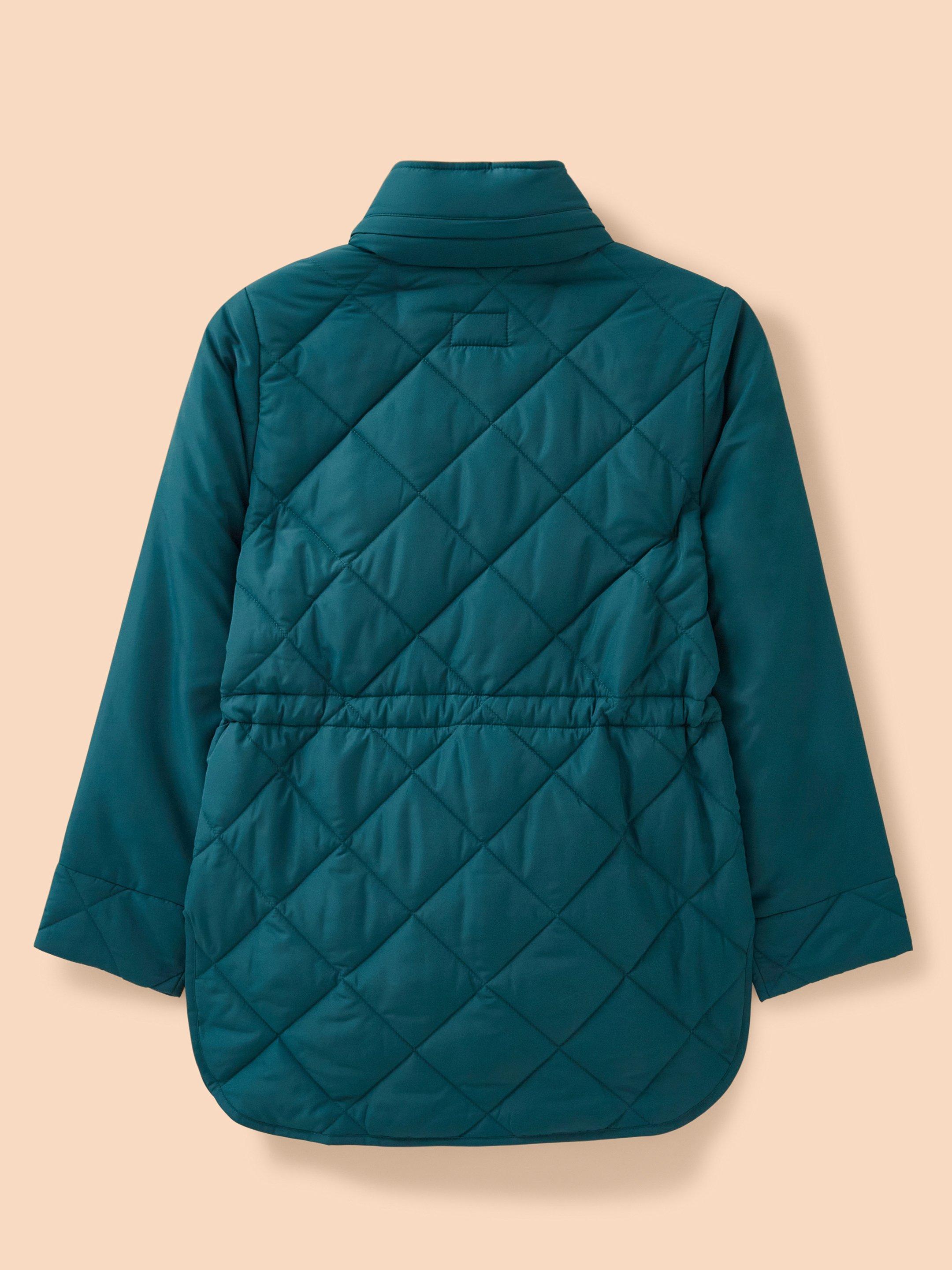 Emilia Quilted Long Sleeve Coat in DK TEAL - FLAT BACK