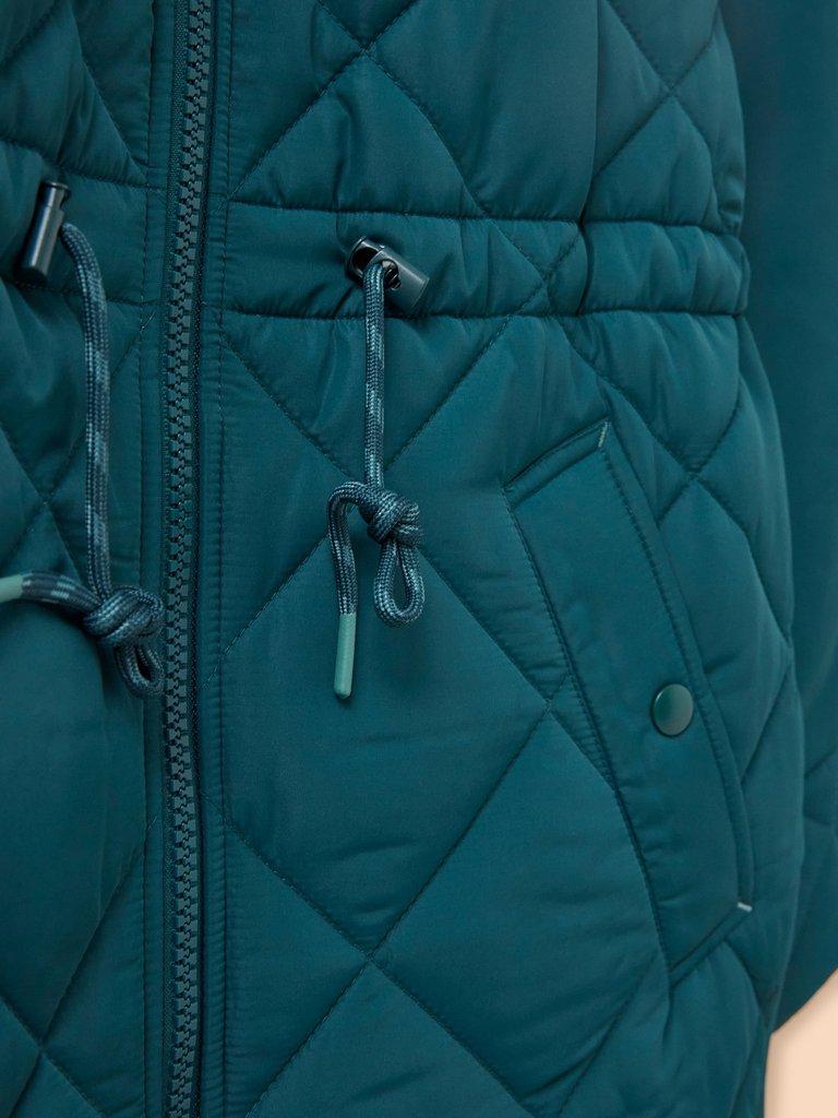 Emilia Quilted Long Sleeve Coat in DK TEAL - FLAT DETAIL