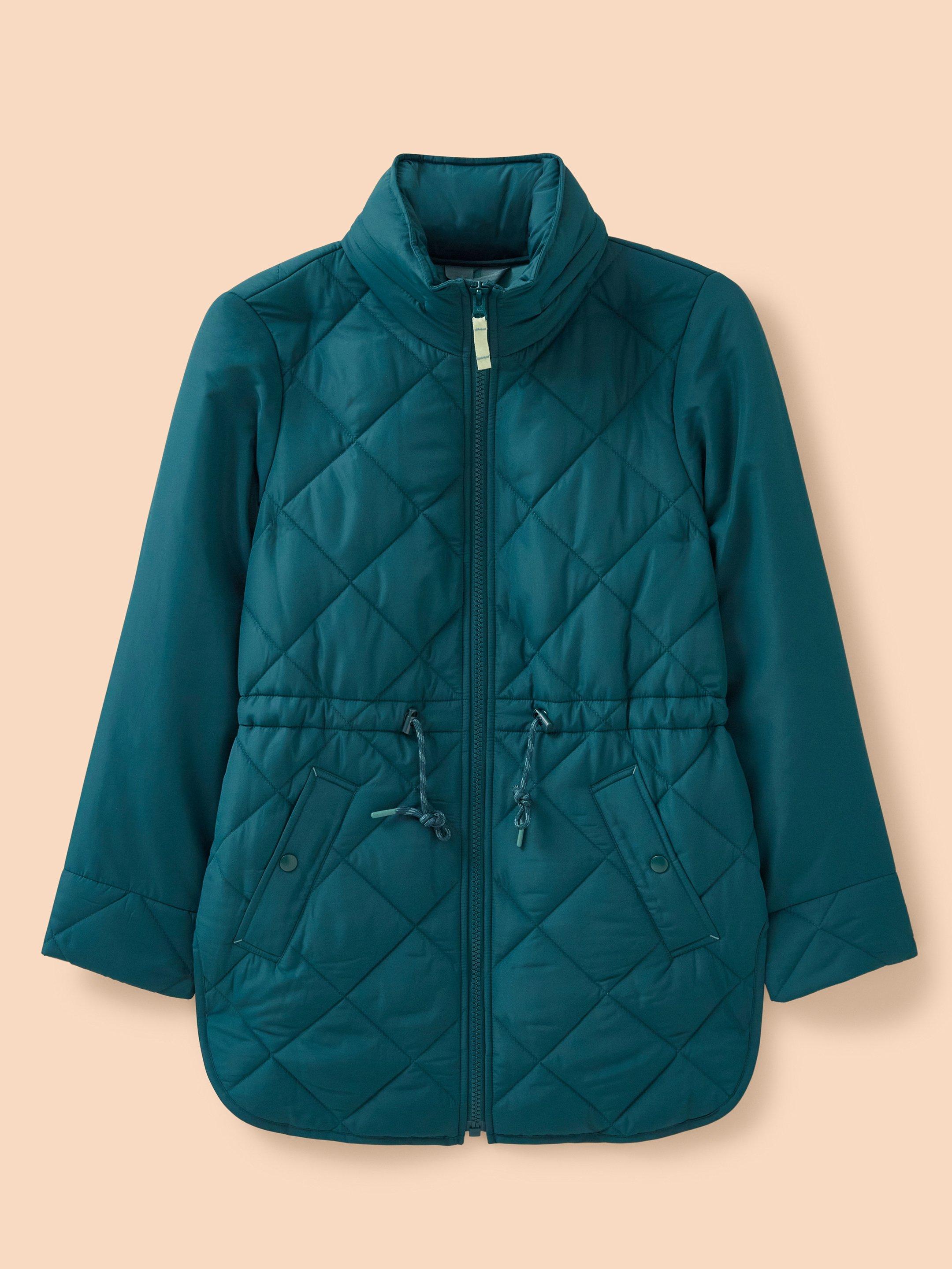 Emilia Quilted Long Sleeve Coat in DK TEAL - FLAT FRONT