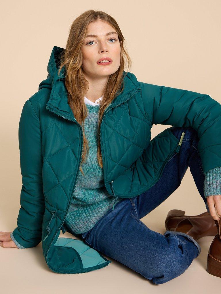 Emilia Quilted Long Sleeve Coat in DK TEAL - LIFESTYLE
