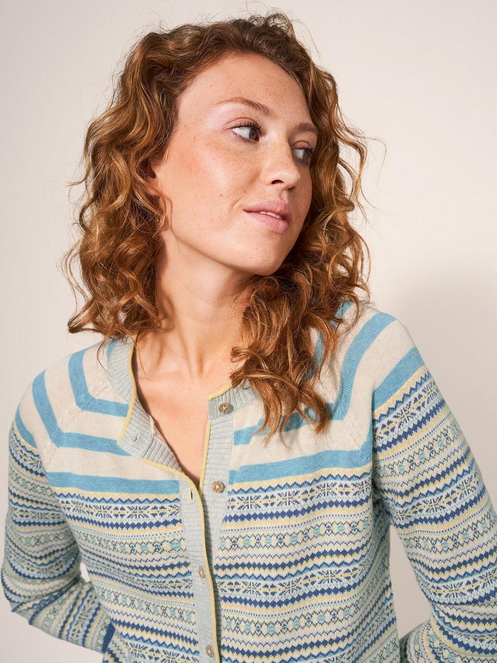 Lulu Stripe Cardigan in TEAL MLT - MODEL DETAIL