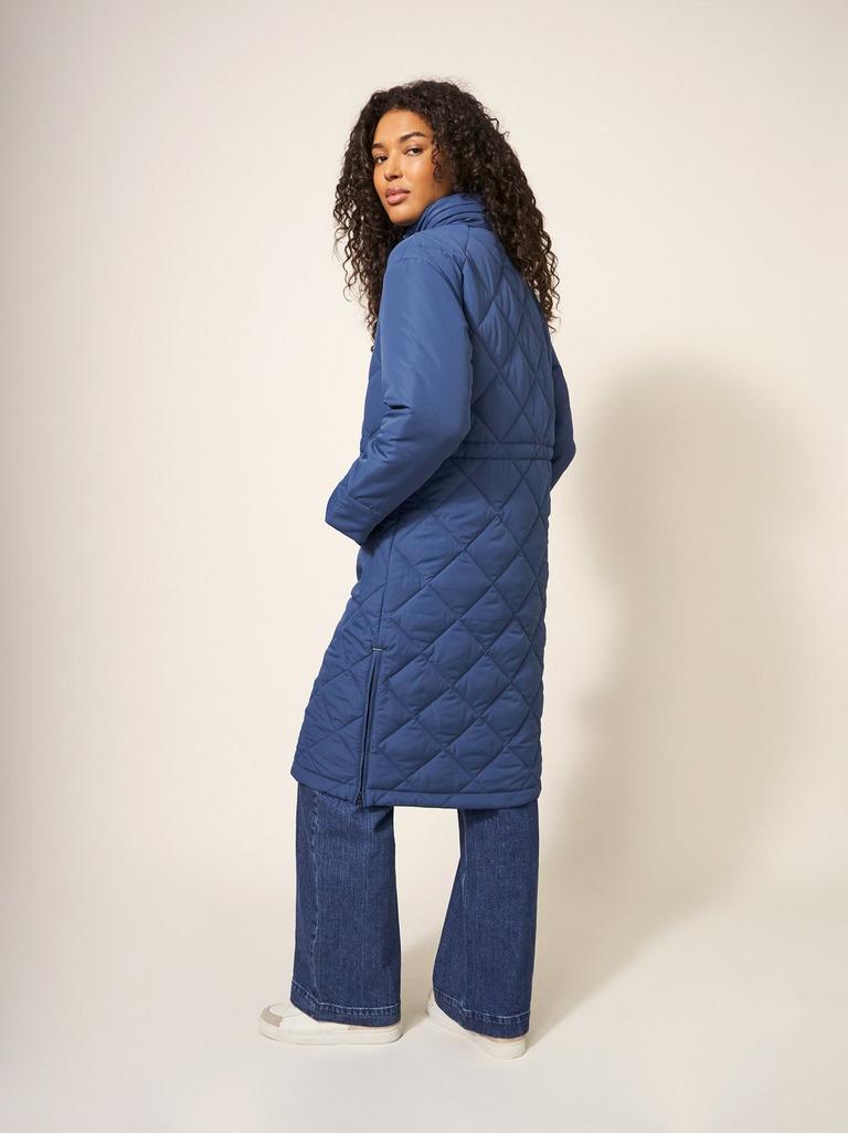 Lorena Quilted Hooded Coat in MID BLUE - MODEL BACK