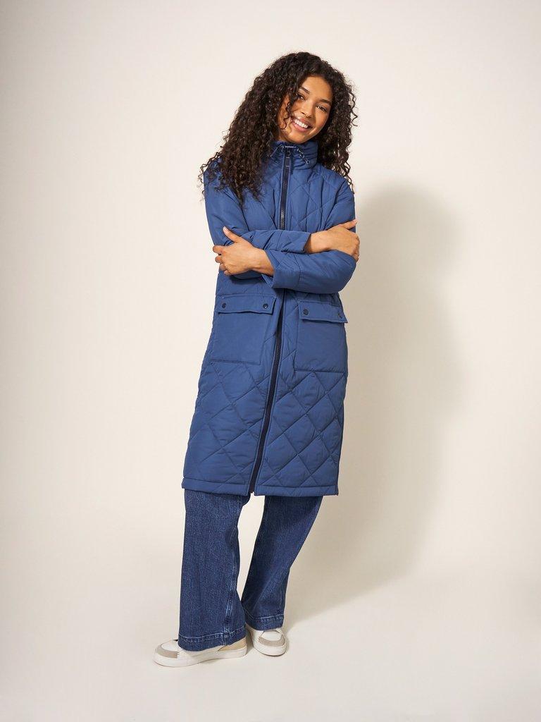 Lorena Quilted Hooded Coat in MID BLUE - MODEL DETAIL