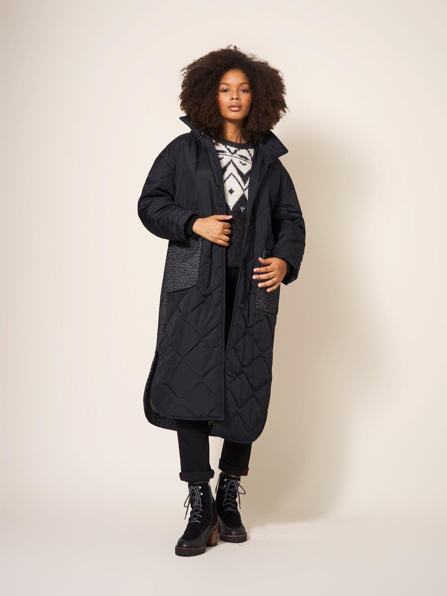 Luna Fabric Mix Quilted Coat in BLK MLT - LIFESTYLE
