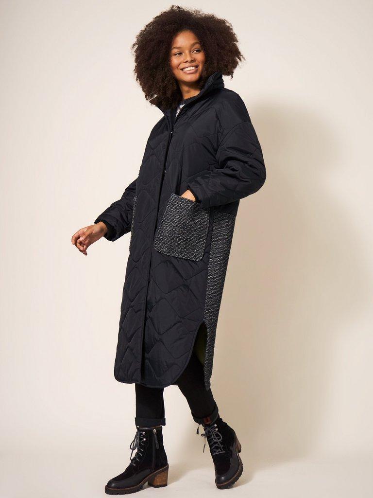 Luna Fabric Mix Quilted Coat in BLK MLT - MODEL FRONT