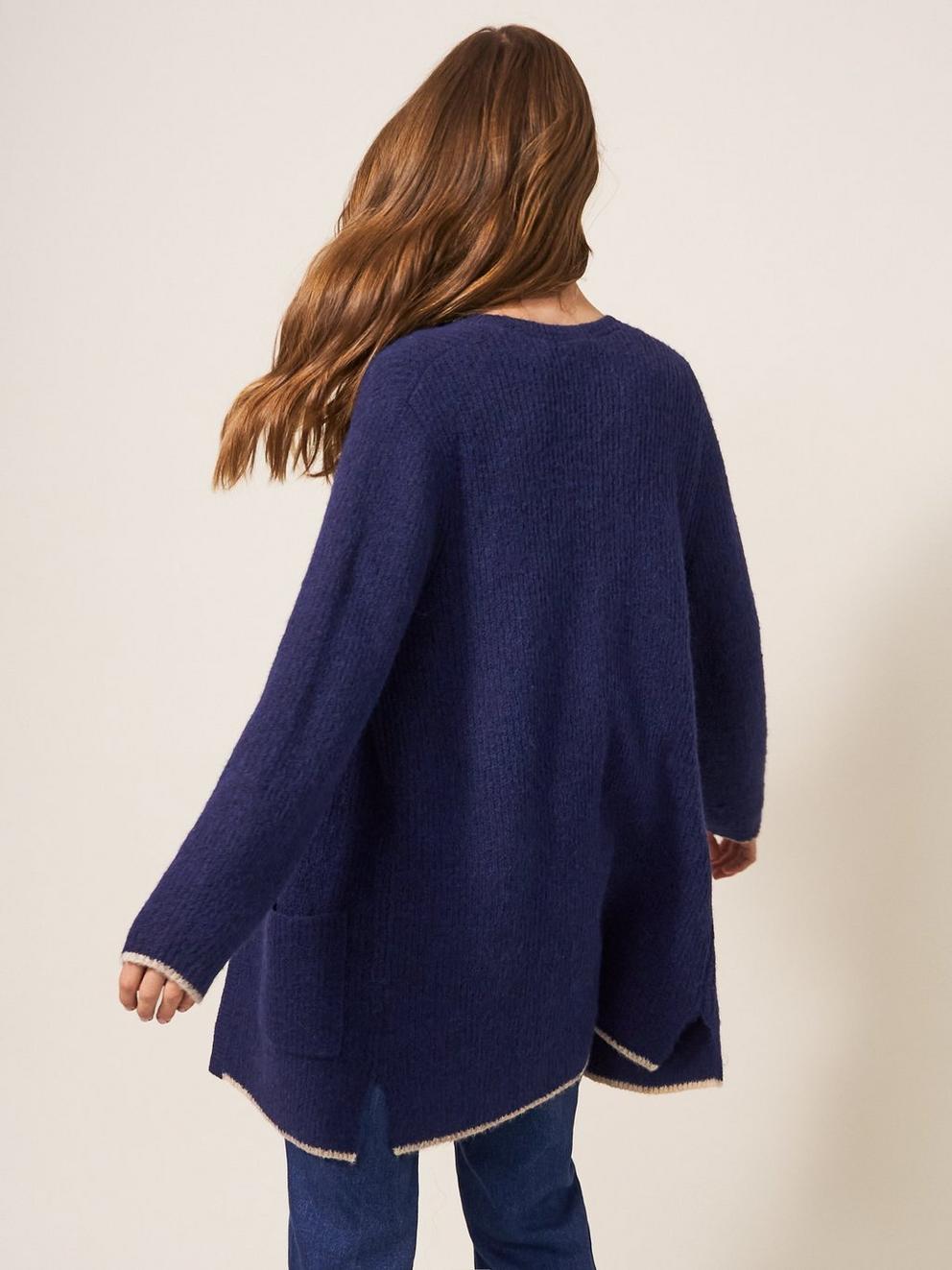 ERICA LONGLINE CARDI in DARK NAVY - MODEL BACK