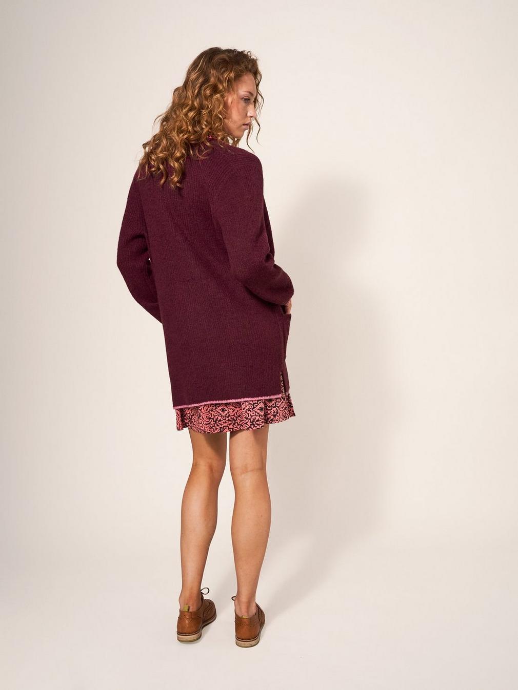 ERICA LONGLINE CARDI in DK PLUM - MODEL BACK